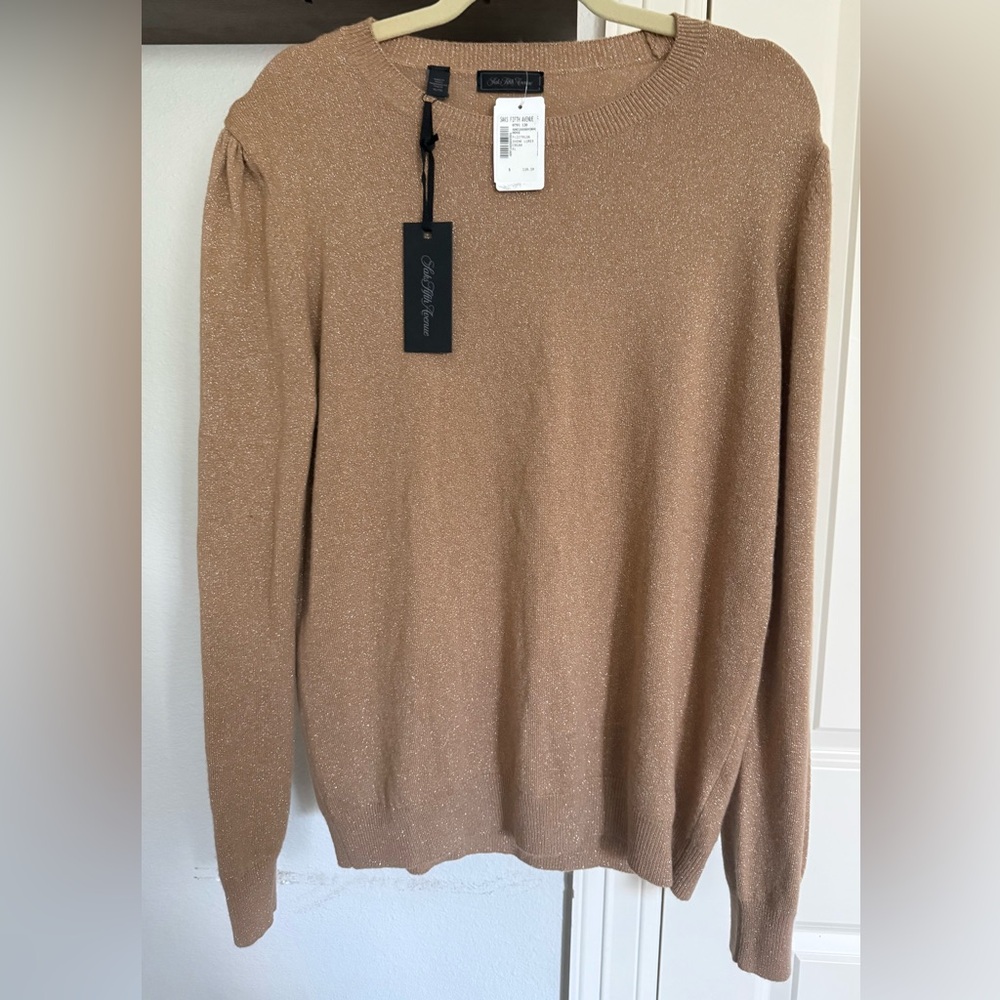 Saks Fifth Avenue Women’s Beige/Camel Crewneck Sweater with puffy sleeves